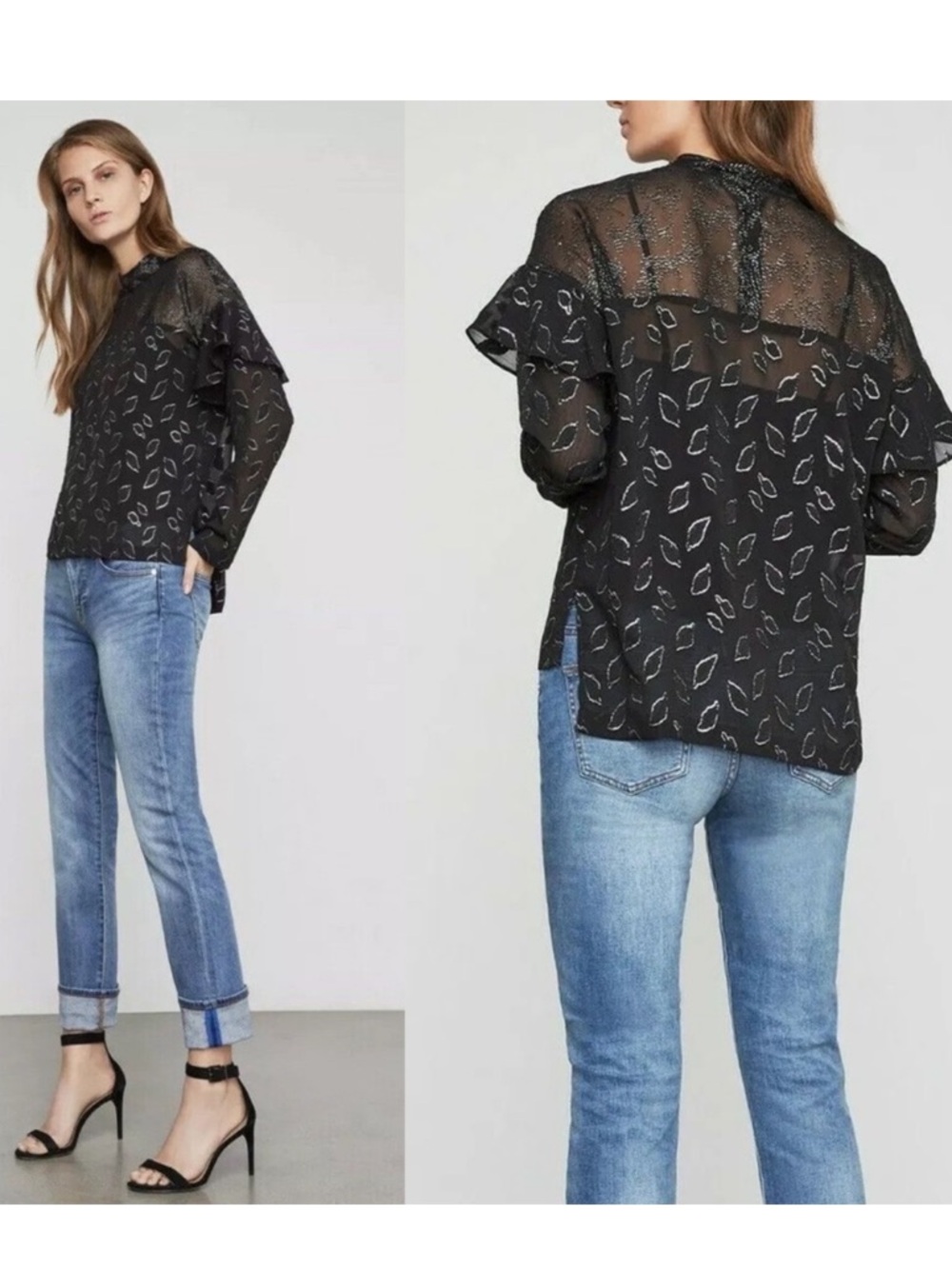BCBGMAXAZRIA Blouse Womens Medium Black High-Low Sheer Chiffon Metallic NWT